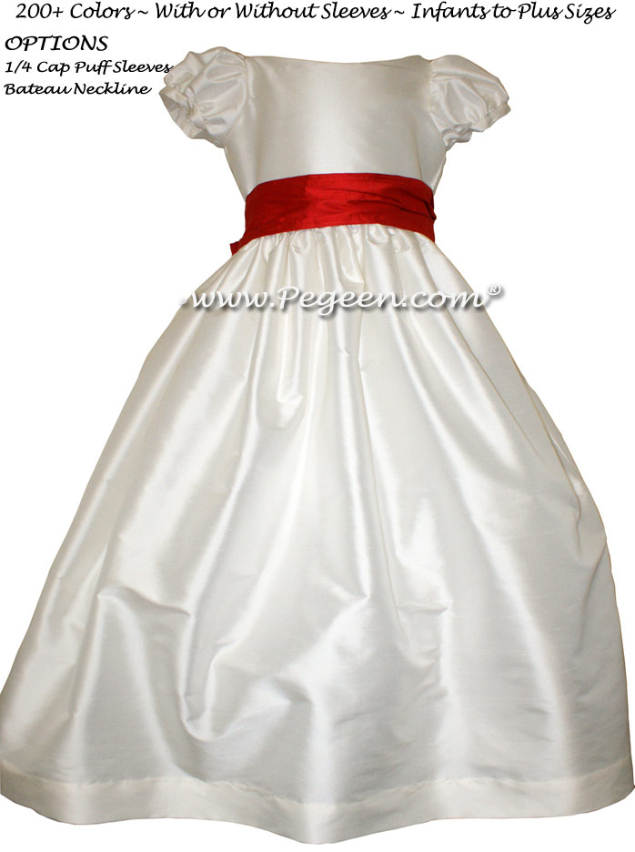Antique White and Christmas Red flower girl dresses with puff sleeves