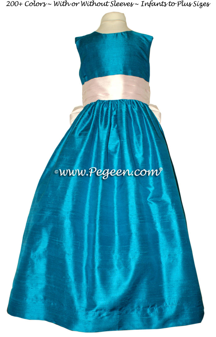 Mosaic (bright teal) and Petal Pink flower girl dresses