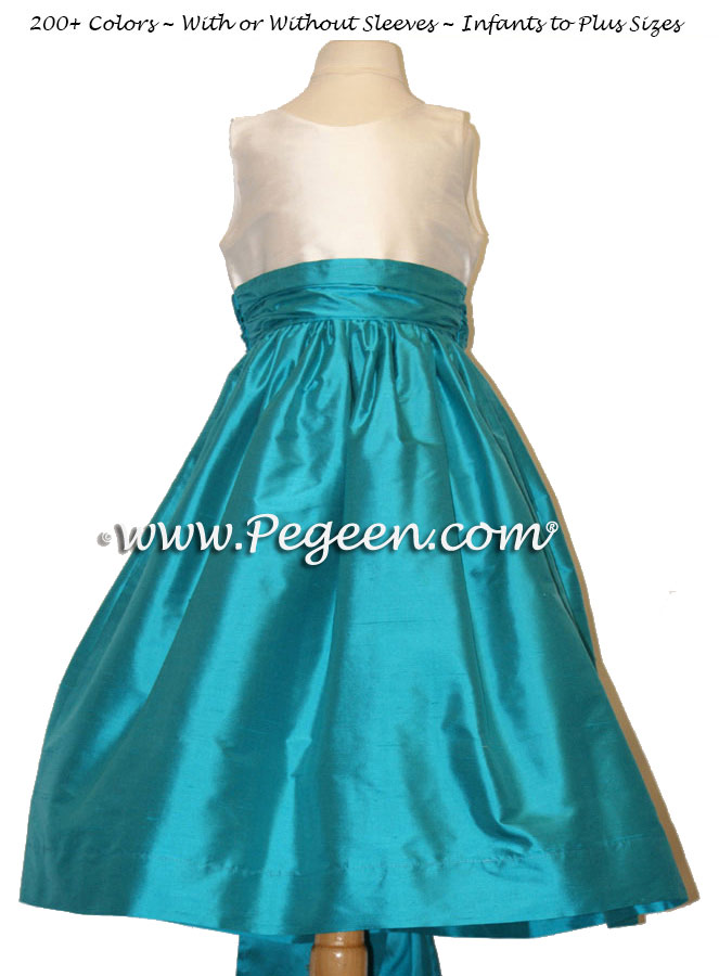 Flower girl dresses in silk Ivory and Oceanic (turquoise) | Pegeen