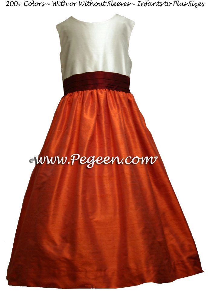 Silk Flower Girl Dresses with a New Ivory Bodice, Cranberry Sash and Orange Skirt