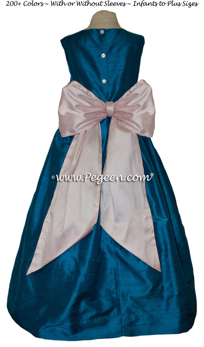 Mosaic (bright teal) and Petal Pink flower girl dresses