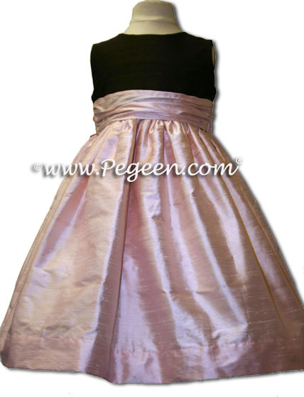Custom Blush pink and chocolate brown flower girl dresses in silk Style 398