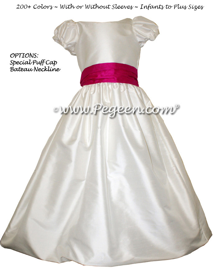 Antique White and Raspberry Pink custom silk flower girl dresses