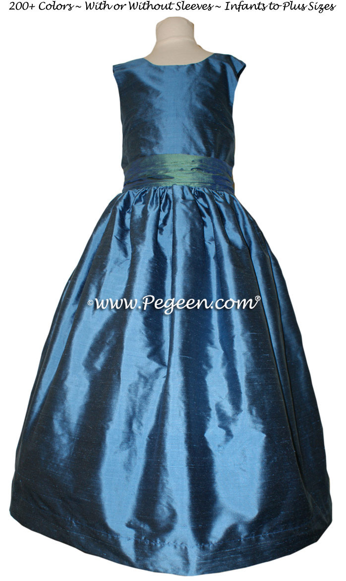 Blue Spruce and Storm Blue flower girl dresses