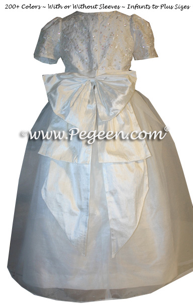 White Sequinned Silk Junior Bridesmaids and Custom flower girl Dresses