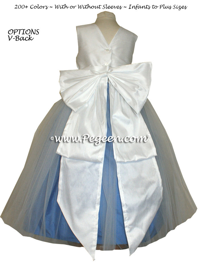 Custom silk and tulle in white and blue moon flower girl dresses