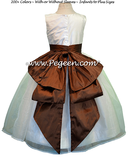 New Ivory and oak Brown silkflower girl dress