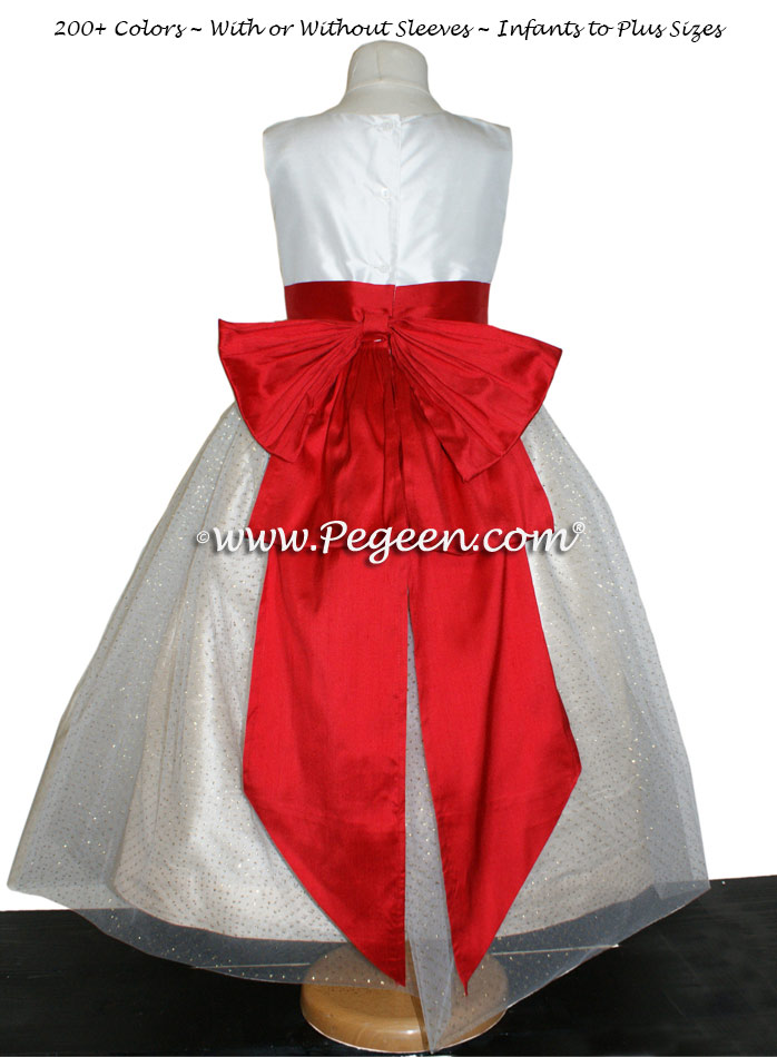 Antique white and tomato red silk flower girl dress