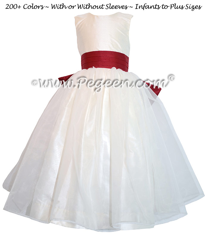 Christmas red and New Ivory custom silk flower girl dress