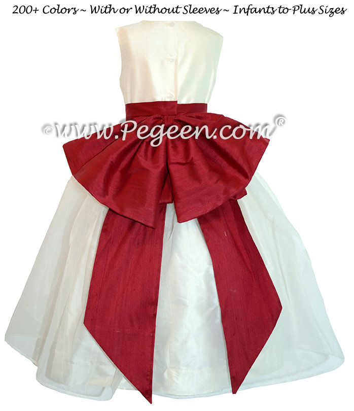 Christmas red and New Ivory custom silk flower girl dress