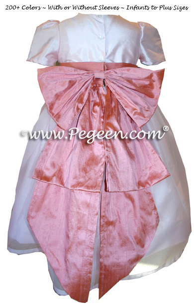 Blush pink and gumdrop coral silk flower girl dress