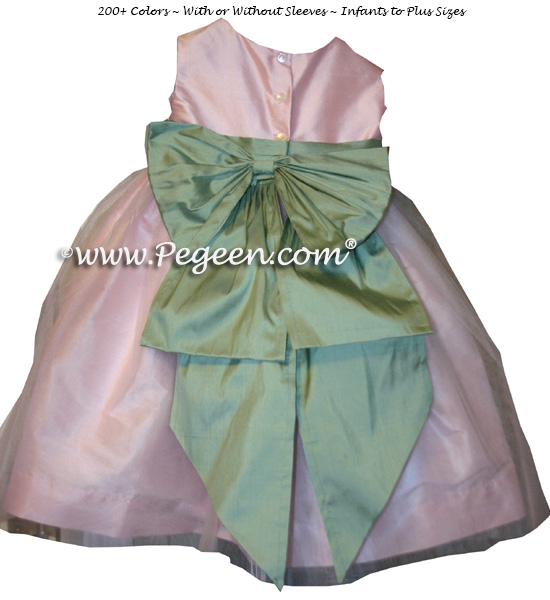 Custom celadon green and peony pinkh silk flower girl dresses with organza skirts