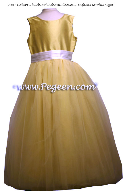 Yellow Ballerina Style Flower Girl Dresses with Antique White Cinderella Bow