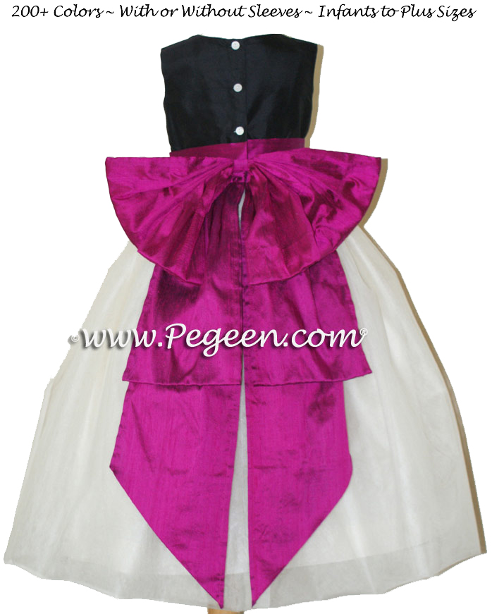 Flower girl dress in black and flamingo pink silk Style 394 | Pegeen