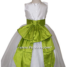Antique White and Grass Green Silk Flower Girl Dresses by PEGEEN
