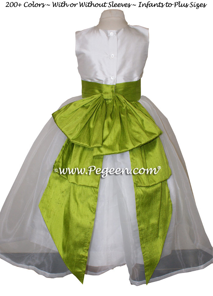 Grass green and antique white silk flower girl dress