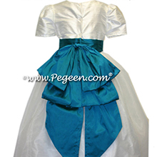  flower girl dress in deep tiffany blue and white silk