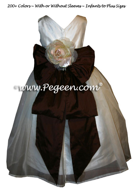 Custom flower girl dress in chocolate and ivory with Cinderella bow