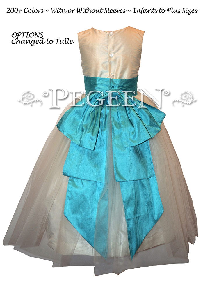 Flower Girl Dresses in Pacific Blue and Antique White Silk | Pegeen  