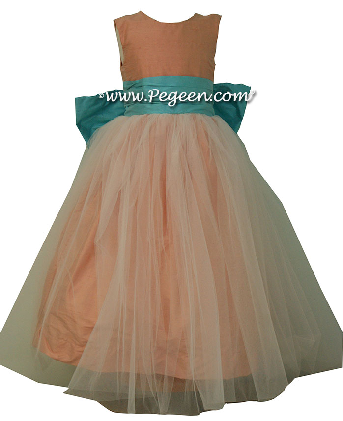 Peach and Tiffany Blue Silk Flower Girl Dresses