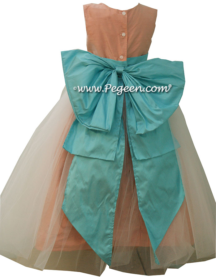 Peach and Tiffany Blue Silk Flower Girl Dresses