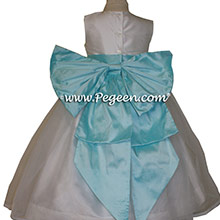 Antique White and Pond Blue Silk Flower Girl Dresses by PEGEEN
