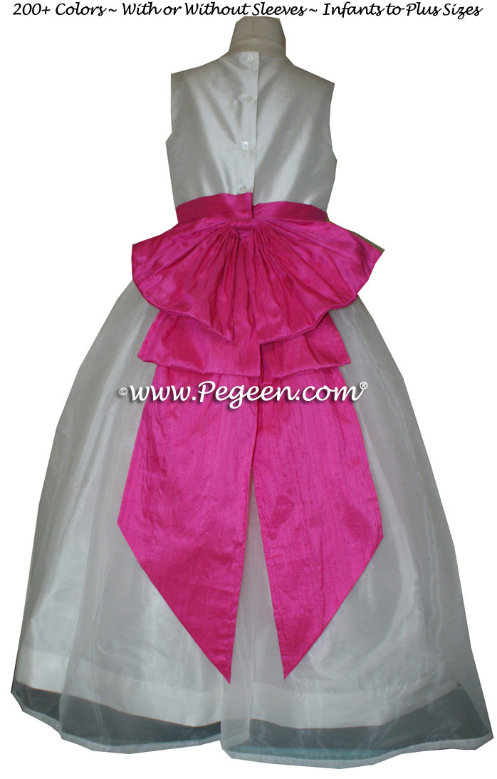 Shock (hot pink) and New Ivory Organza and Silk Custom Flower Girl Dress