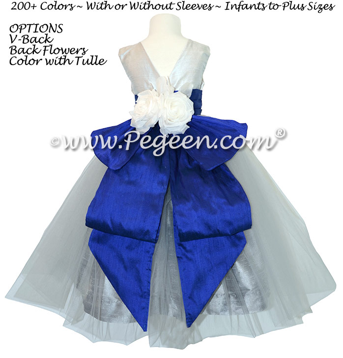 Gray, Sapphire Blue and New Ivory Organza and Silk Custom Flower Girl Dress
