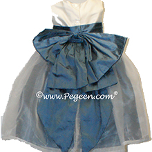 Storm blue and Ivory silk flower girl dresses