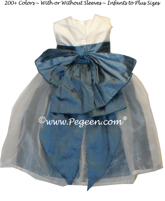 New Ivory and Storm Blue silk flower girl dresses with silk bow