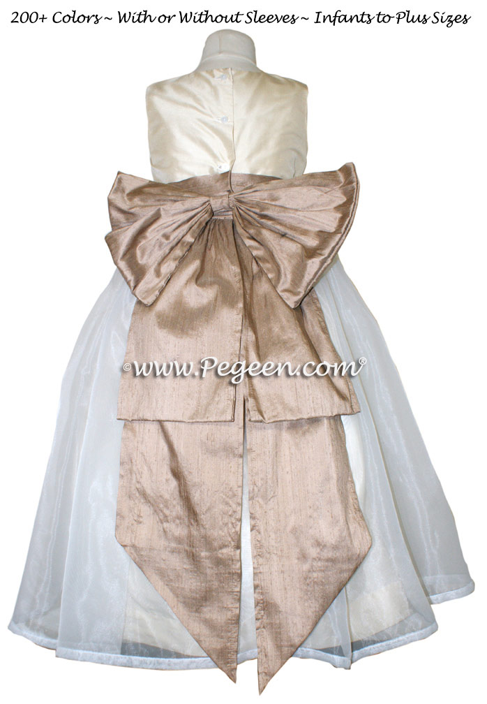 Buttercreme and Antigua Taupe Silk Flower Girl Dresses Style 394