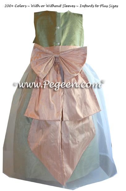 Custom sage green and peach silk flower girl dresses with organza skirts
