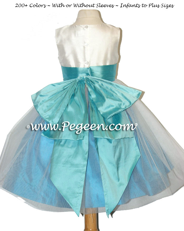 New ivory Tiffany Blue and Turquoise Custom Silk Flower Girl Dresses - Style 394
