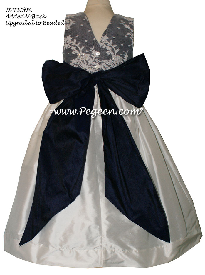 Navy Blue and White custom silk flower girl dress