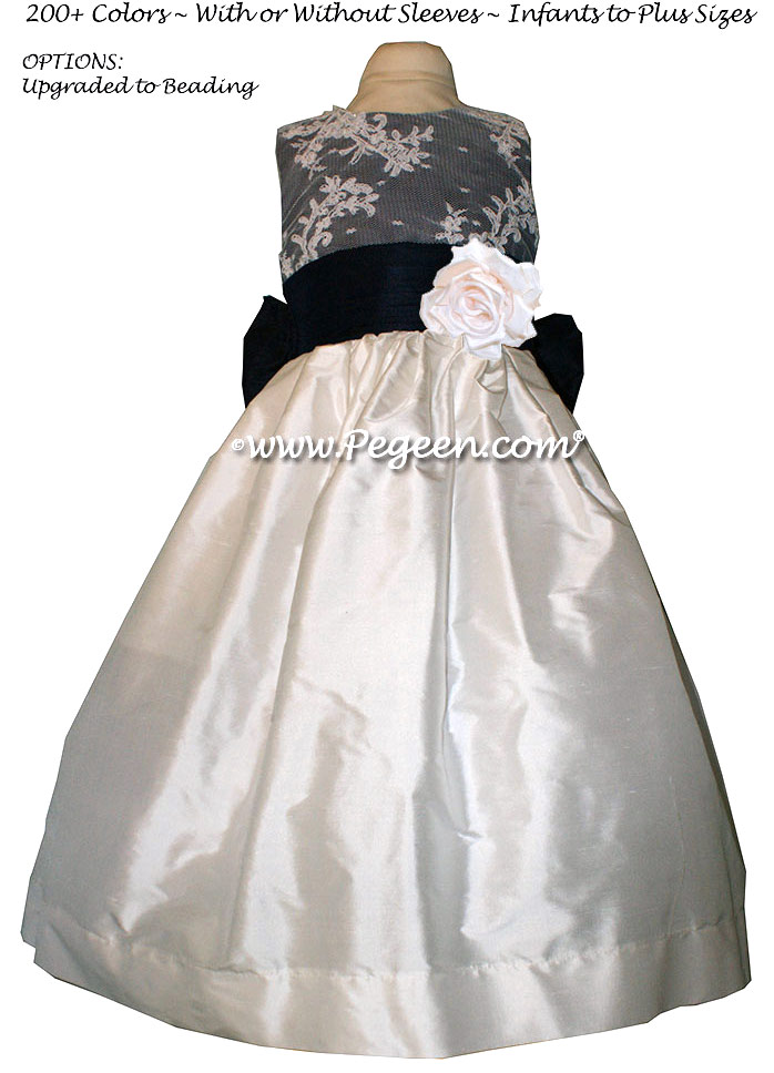 Navy Blue and White custom silk flower girl dress