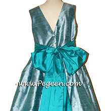 Adriatic aqua and peacock teal silk Flower Girl Dresses by Pegeen