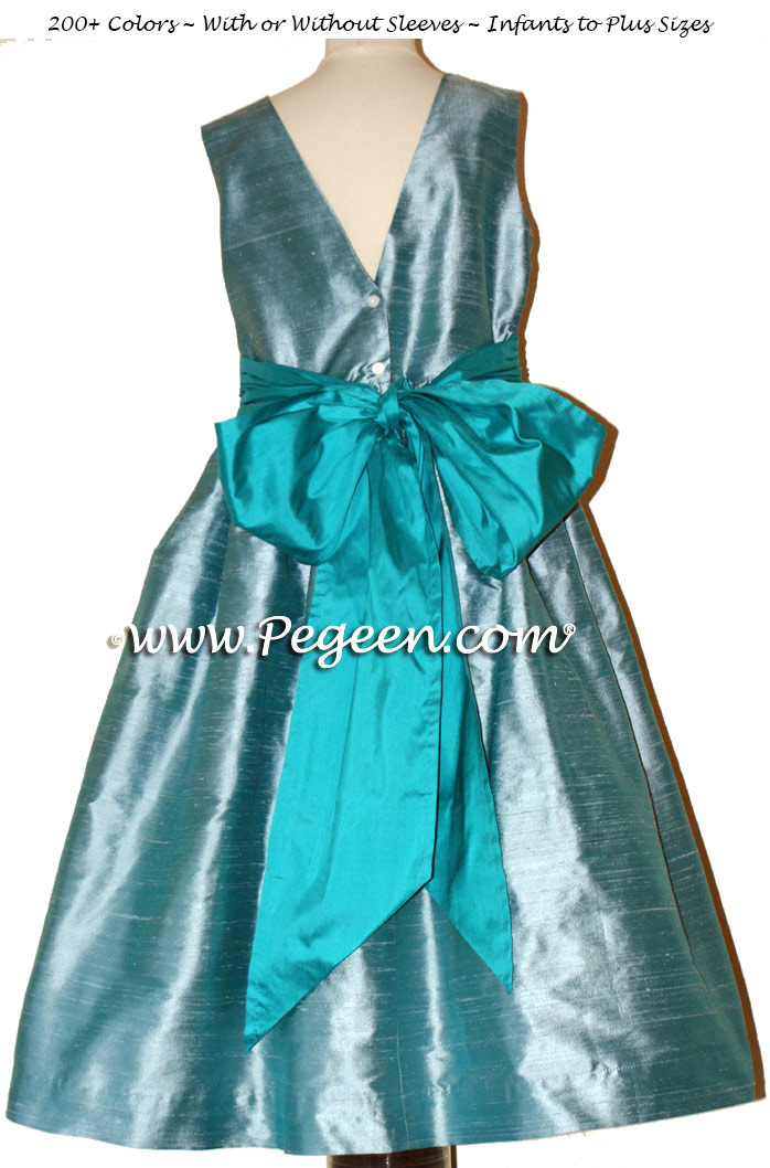 Adriatic aqua and Oceanic Blue Silk Flower Girl Dressses