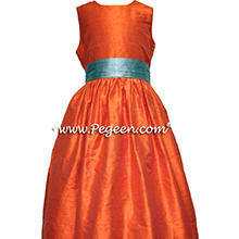 orange and aqua silk flower girl dresses