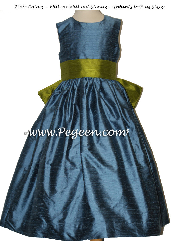 Arial blue and grass green flower girl dresses to match Ann Taylor