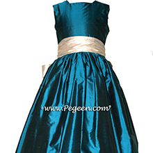 BALTIC SEA (DARK TEAL) and BISQUE (CREME) FLOWER GIRL DRESS Style 398 by Pegeen