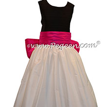 Antique White, Black and Luscious Pink silk Flower Girl Dress - Pegeen Style 398