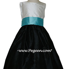 TIFFANY BLUE, BLACK and Antique White FLOWER GIRL DRESS Style 398