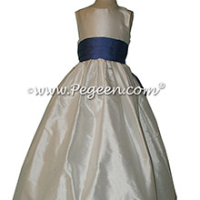Antique White and Blueberry silk Flower Girl Dress - Style 398
