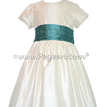 New Ivory and Blue Spruce Silk flower girl dresses with 1/4 cap sleeves