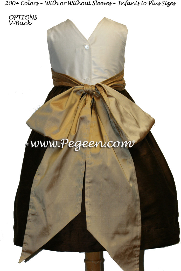 Chocolate brown and camel silk flower girl dresses