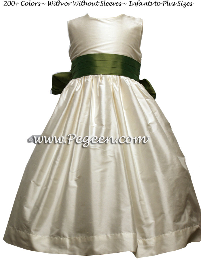 Buttercreme and Olive green silk Flower Girl Dresses by Pegeen
