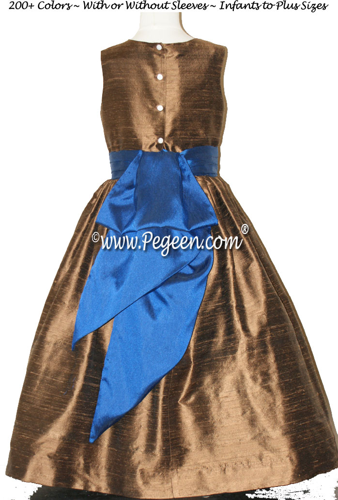 Walnut and Sapphire Blue SILK FLOWER GIRL DRESSES