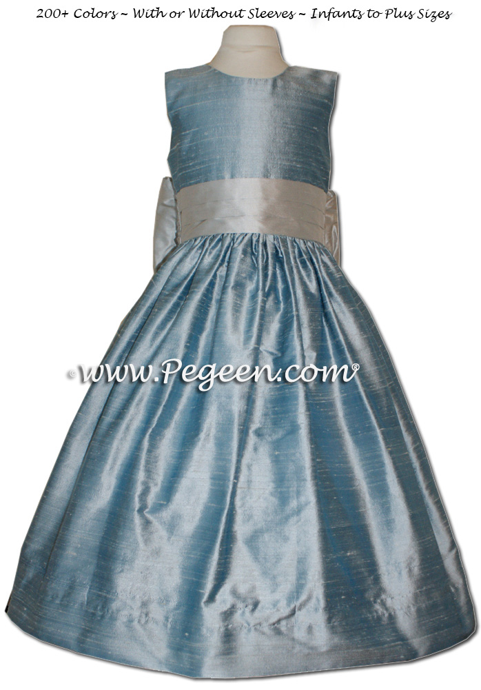 Jim Hjelm Matching Flower Girl Dress by Pegeen in Caribbean Blue and Platinum silk