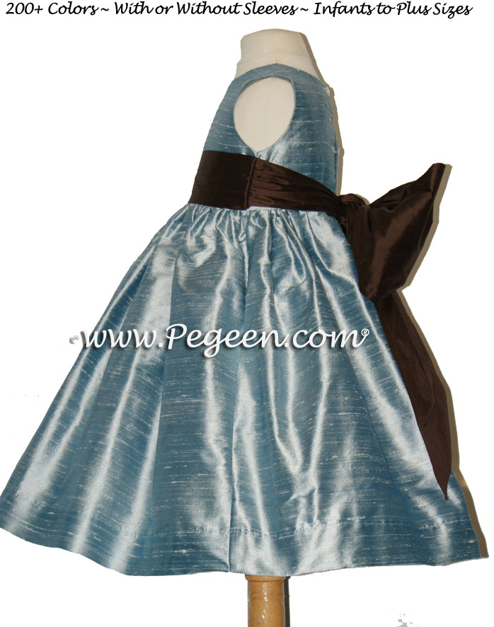 Jim Hjelm Matching Flower Girl Dress by Pegeen in Caribbean Blue and Chocolate Brown silk