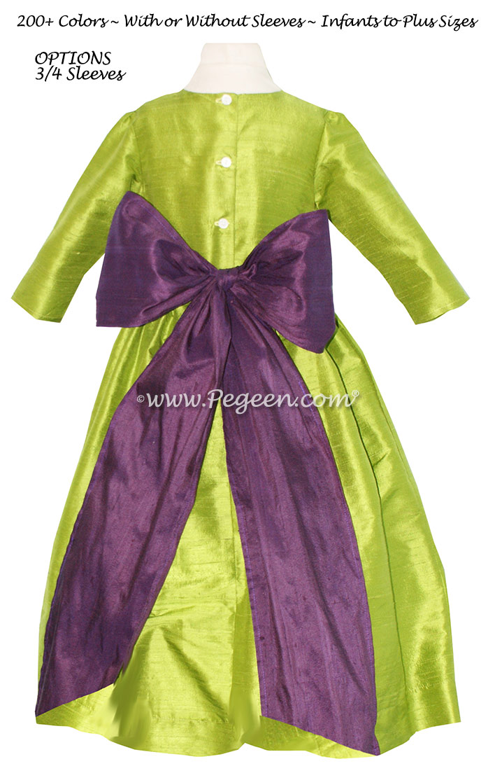 Chartreuse Green and 1000 Nights (deep plum) custom flower girl dresses